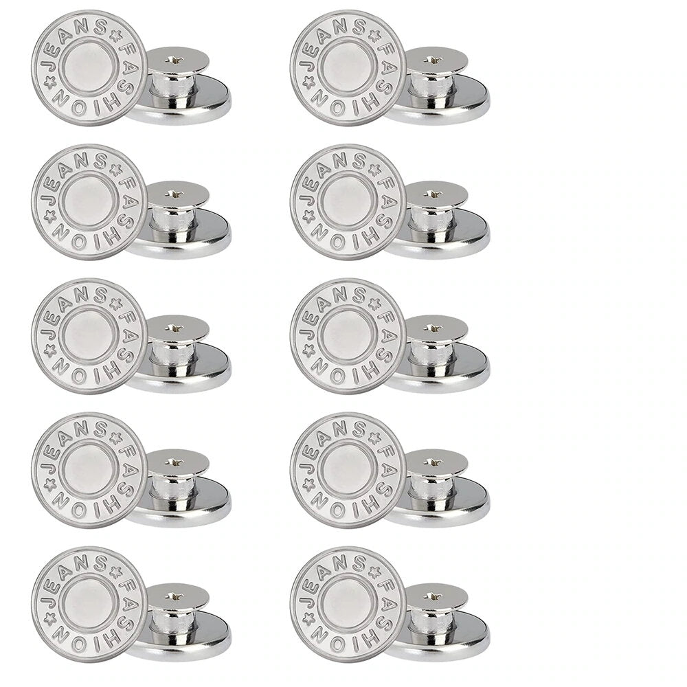 Metalinių sagų rinkinys kelnėms su atsuktuvu, 10 vnt., sidabriniai, metaliniai