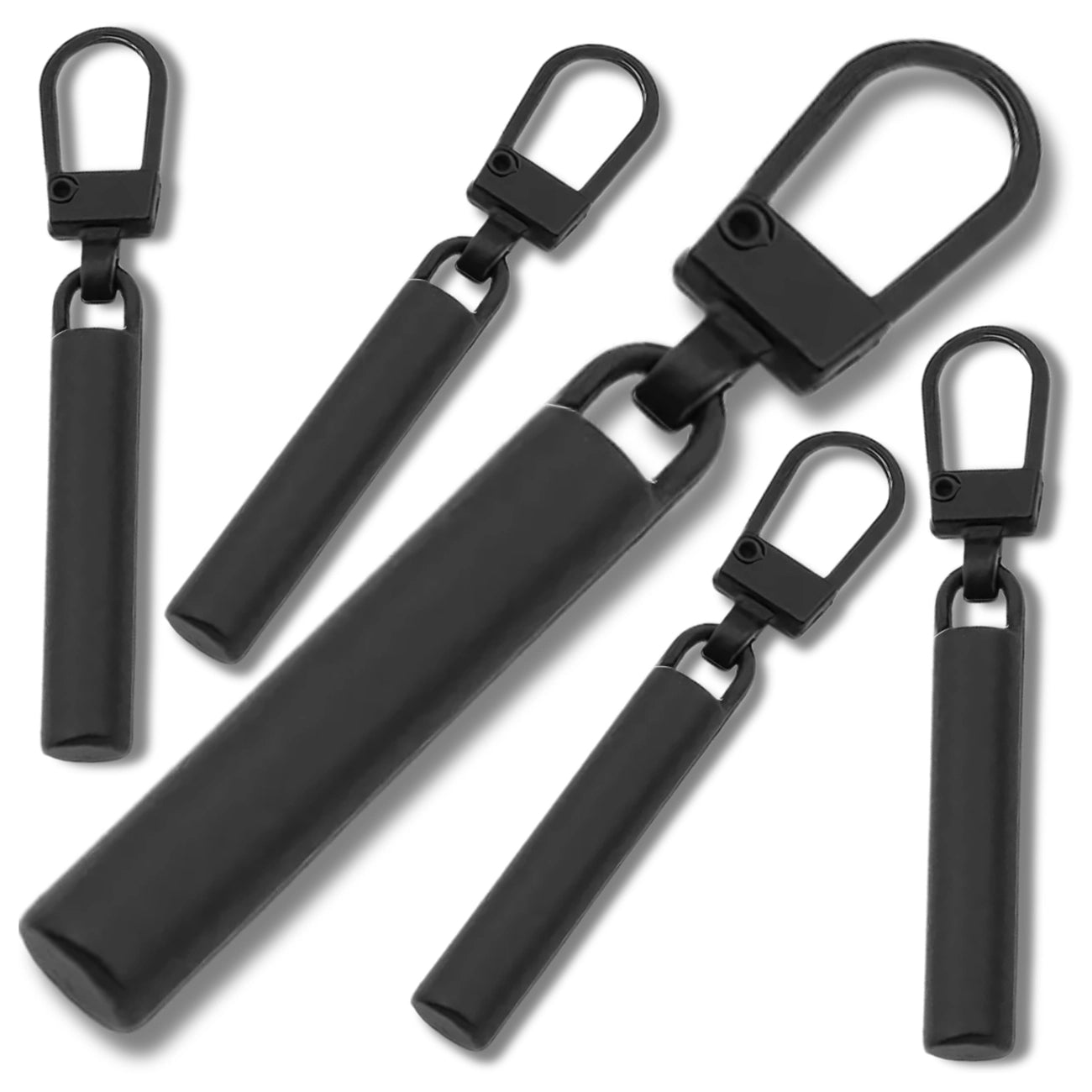 Juodos metalinės užtrauktukų pakabos, 5 vnt.