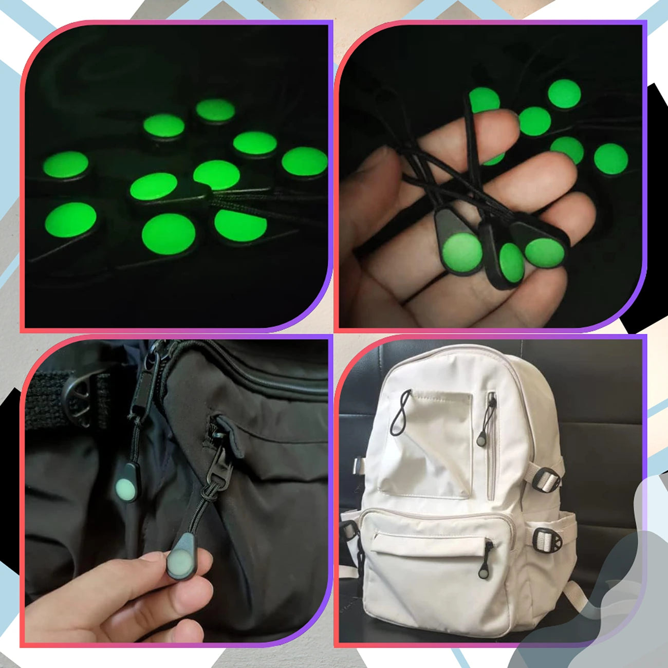 Juodos užtrauktukų pakabukai, 10 vnt., šviečiantys tamsoje