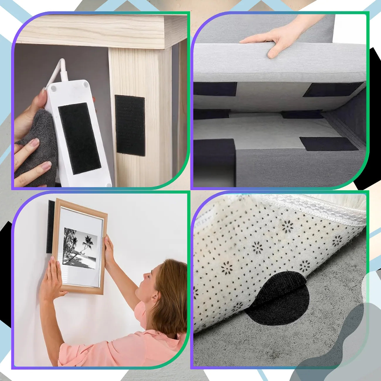 Lipni juosta, juoda, 5m, 50mm, kabliukai ir kilpelės.