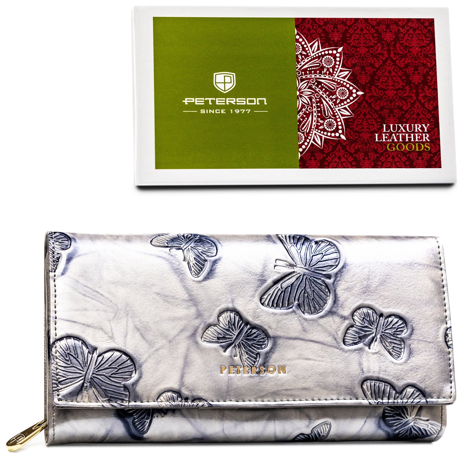 Moteriška odinė piniginė, sidabrinė, su užsegimu D1798