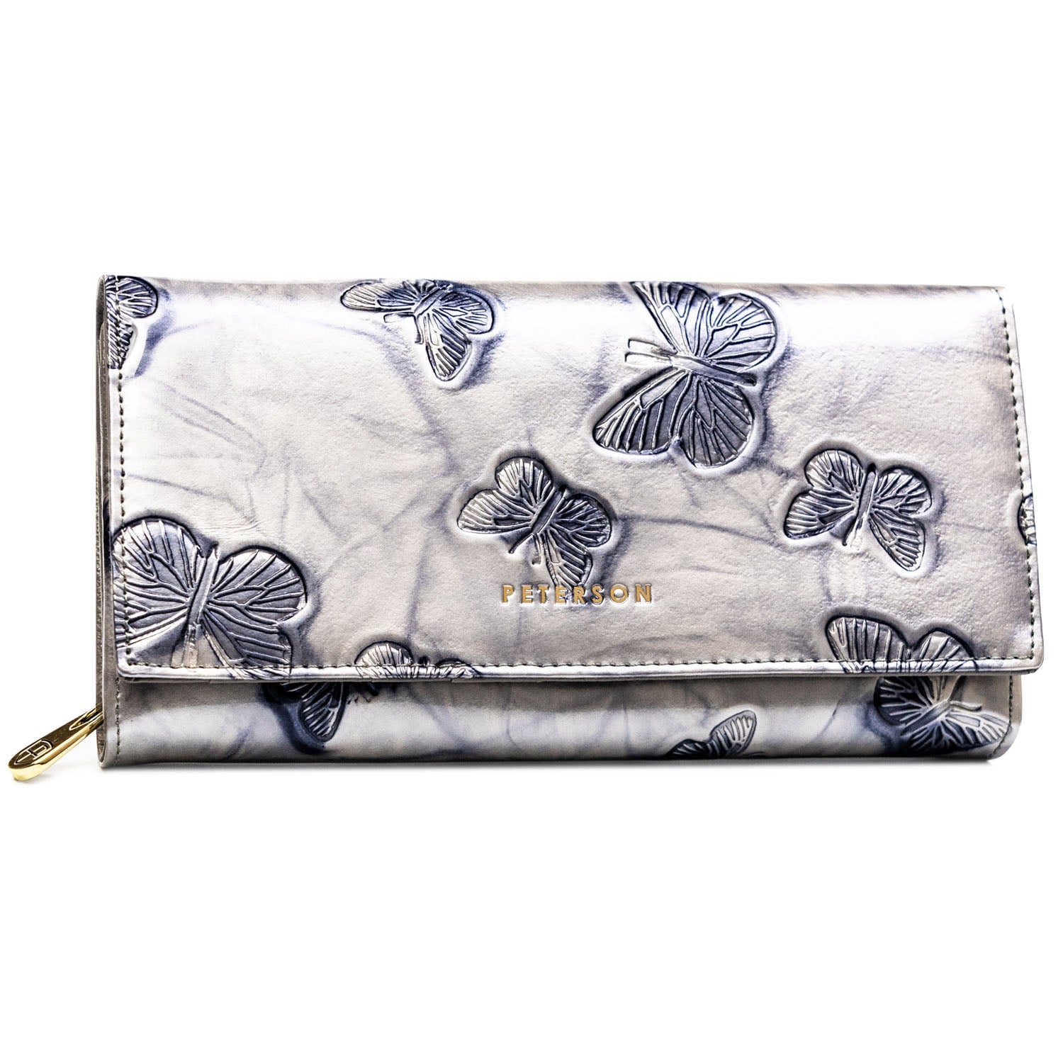 Moteriška odinė piniginė, sidabrinė, su užsegimu D1798