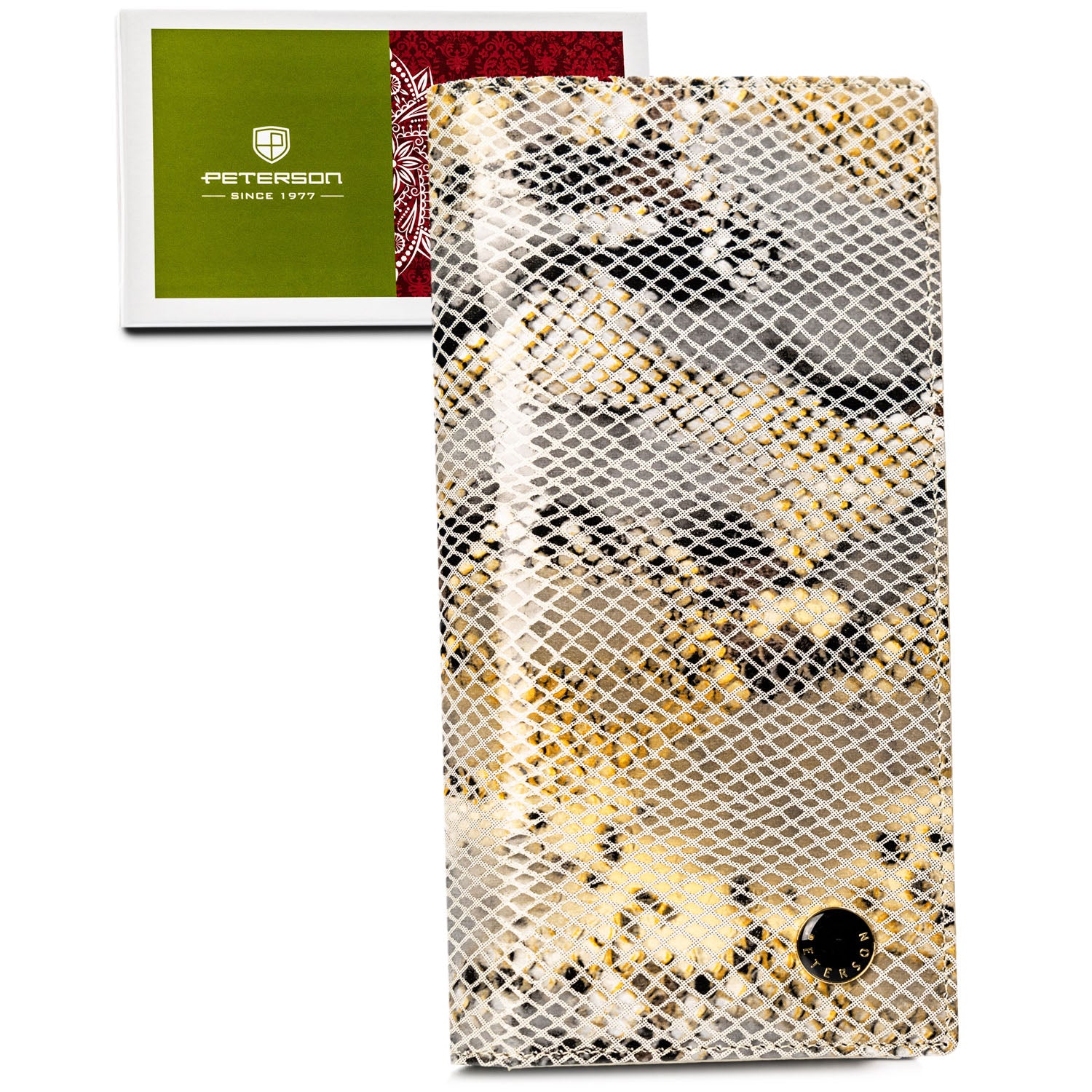 Moteriška piniginė, smėlio, su magnetu, gyvatės odos imitacija D1639