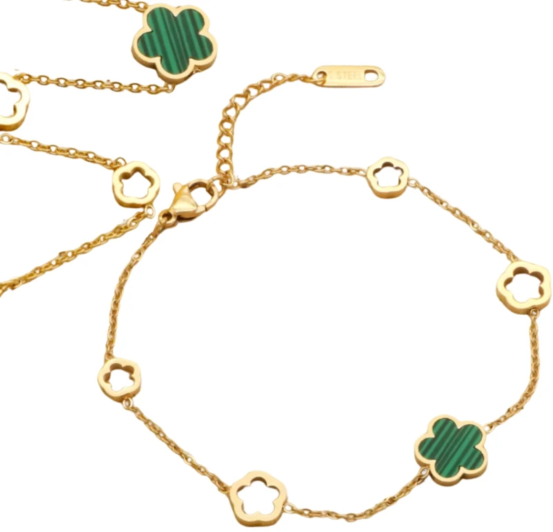 Paauksuota chirurginio plieno apyrankė su žalia gėle