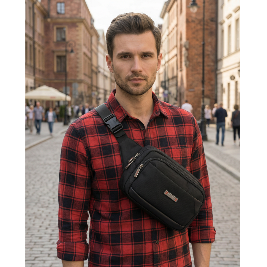 Vyriška „Peterson“ lengva juoda crossbody rankinė per petį su užtrauktuku, iš tekstilės D91