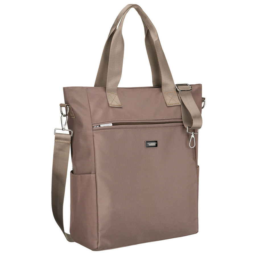 Moteriška smėlio spalvos „Peterson“ shopper rankinė su rankenomis ir nuimamu dirželiu, užsegama užtrauktuku P30