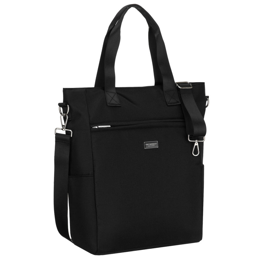 Talpi juoda moteriška „Peterson“ shopper rankinė su rankenomis ir prisegamu dirželiu, iš dirbtinės odos P29