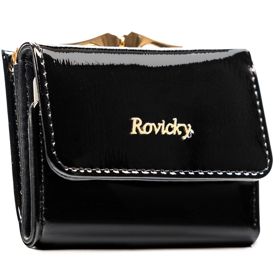 Maža moteriška natūralios odos piniginė „Rovicky“ su rėmelio užsegimu ir spaude, juoda ST78
