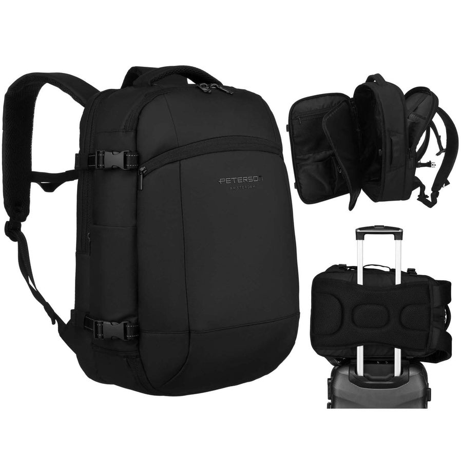 Juoda tekstilinė kelioninė kuprinė „Peterson“ su vakuuminiu skyriumi ir USB jungtimi K49