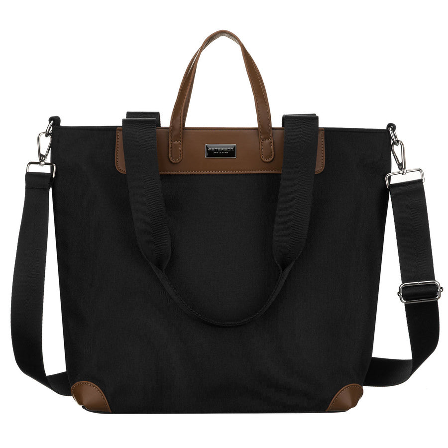 Didelė juoda moteriška „Peterson“ shopper rankinė su rankenomis ir nuimamu dirželiu, iš dirbtinės odos P25
