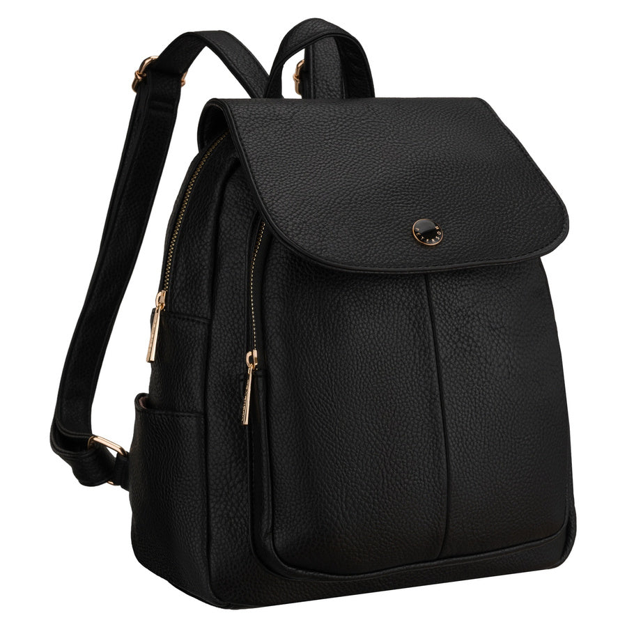 Peterson moteriška miesto kuprinė su atvartu, juoda, iš ekologiškos odos D94