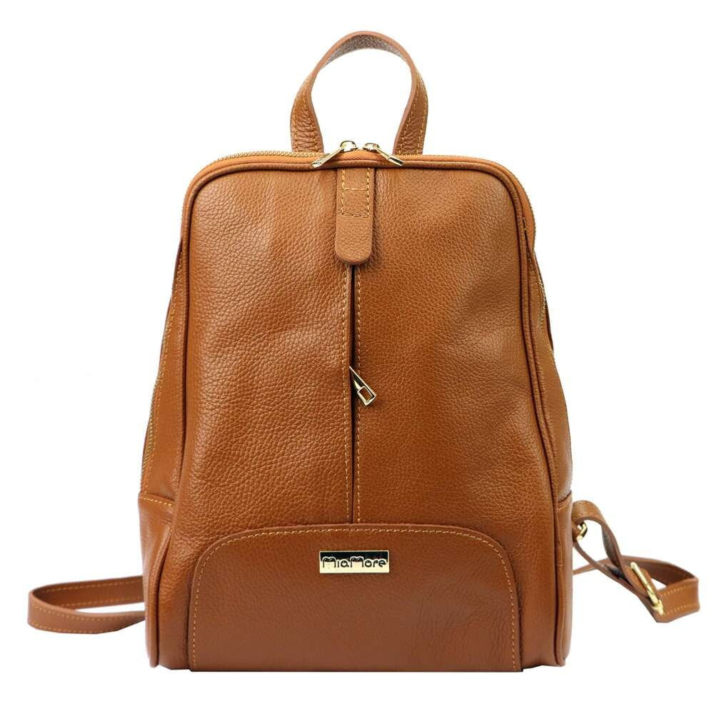 Moteriška natūralios odos kuprinė MiaMore 2001, ruda, klasikinio dizaino su auksinės spalvos detalėmis