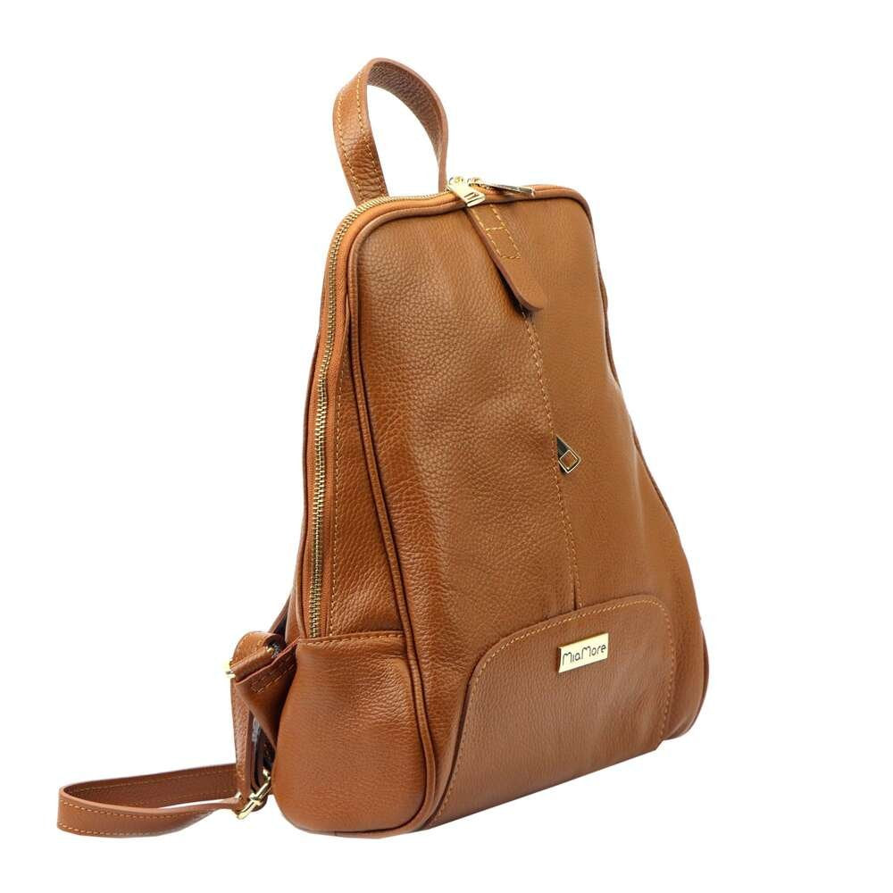 Moteriška natūralios odos kuprinė MiaMore 2001, ruda, klasikinio dizaino su auksinės spalvos detalėmis