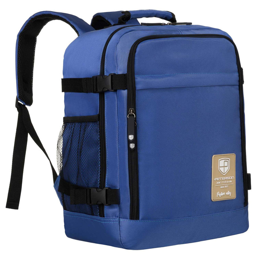 Mėlyna vandeniui atspari poliesterinė kelioninė kuprinė „Peterson“ su reguliuojamomis petnešomis K48