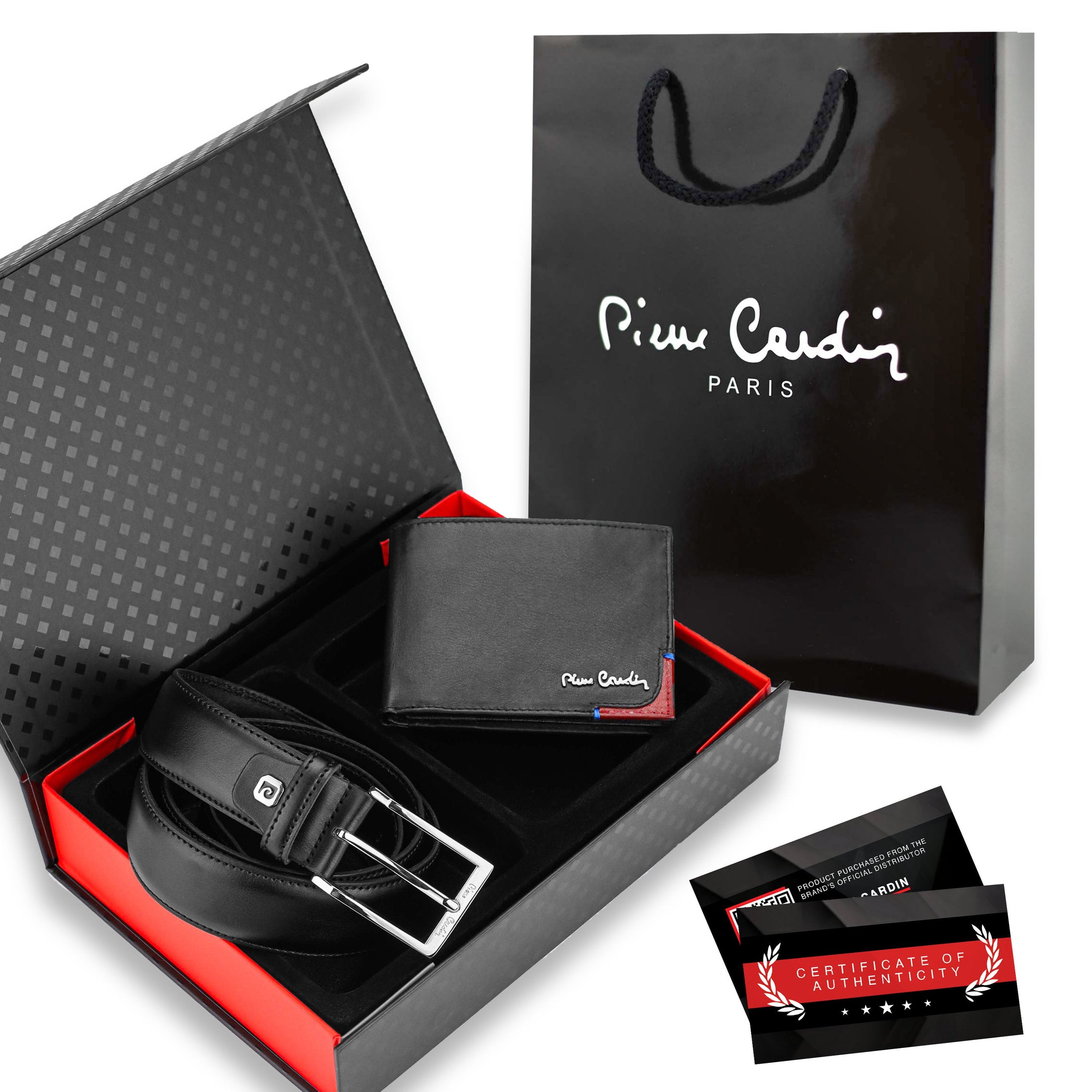 Vyriška piniginė ir diržas Pierre Cardin dėžutėje, juoda, natūrali oda