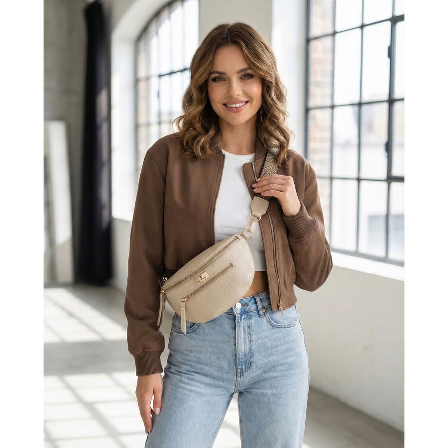 Moteriška „Peterson“ ekologiškos odos rankinė per juosmenį, vieno skyriaus, su užtrauktuku, smėlio spalvos TL20