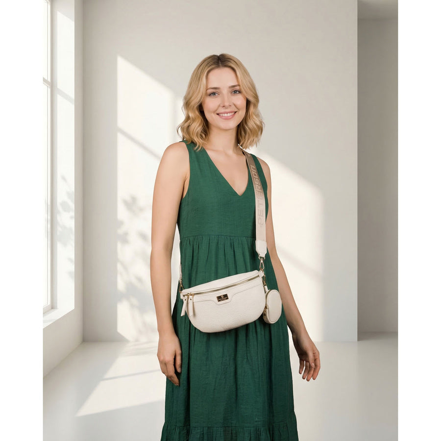 Peterson moteriška ekologiškos odos rankinė per juosmenį, užsegama užtrauktuku, šviesiai smėlinė TL16