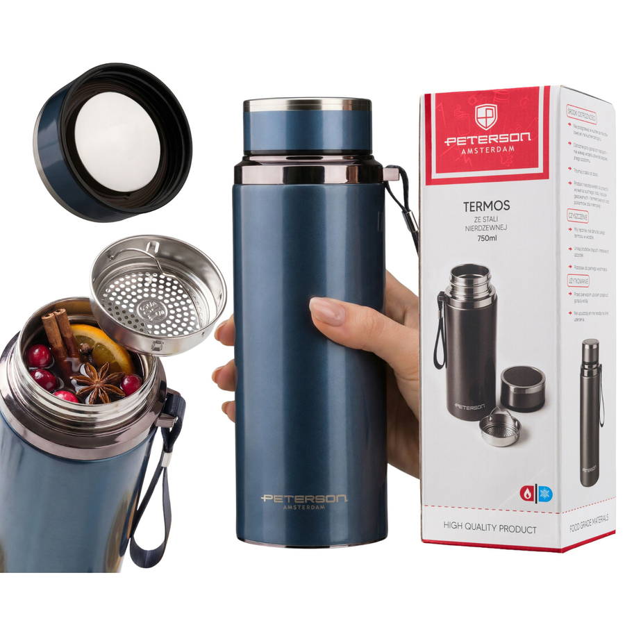 „Peterson“ nerūdijančio plieno termosas karštiems ir šaltiems gėrimams, 750 ml, tamsiai mėlynas D86