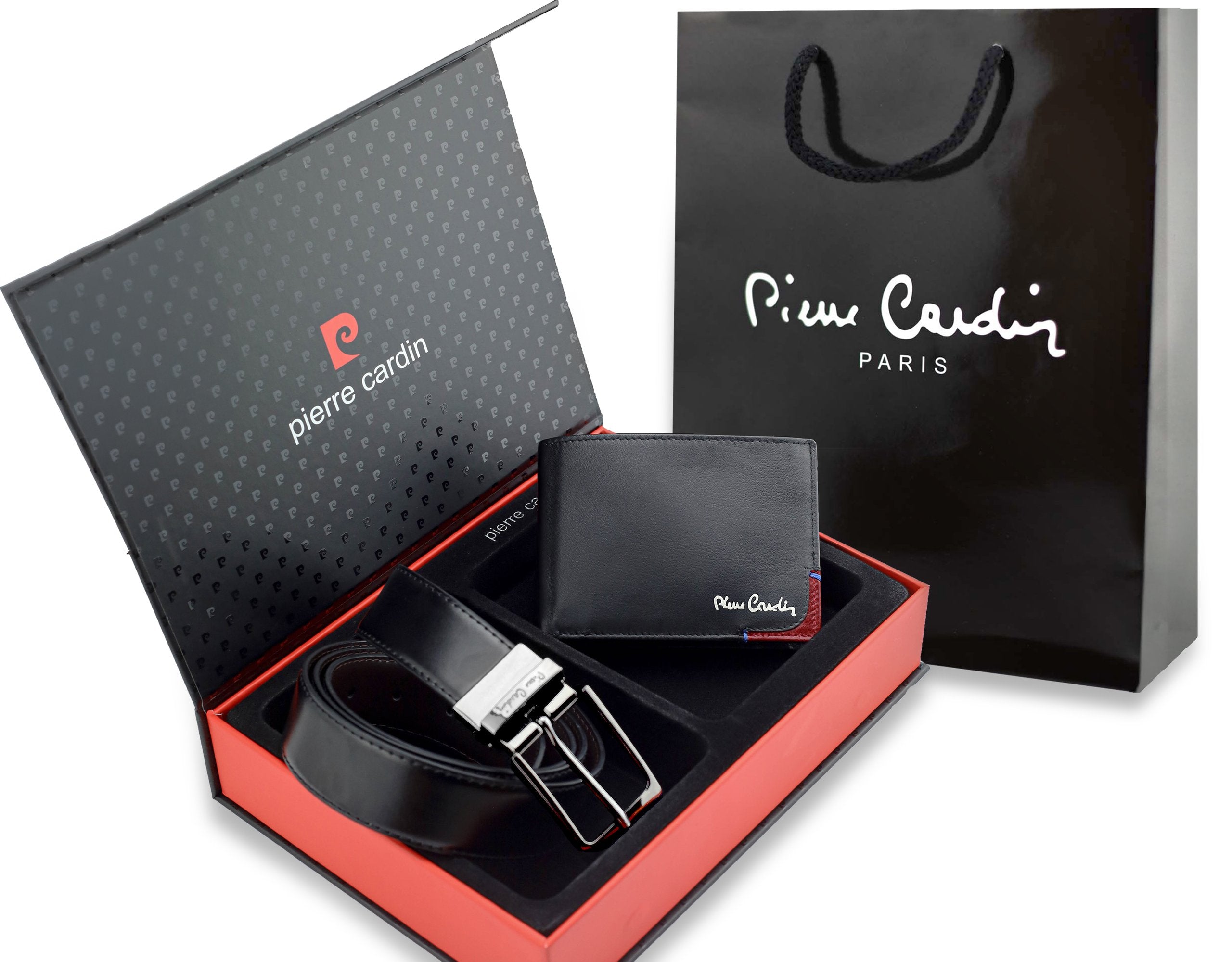 Vyriškas rinkinys Pierre Cardin: odinė piniginė ir dvipusis diržas, juodas/rudas 75T8806BR