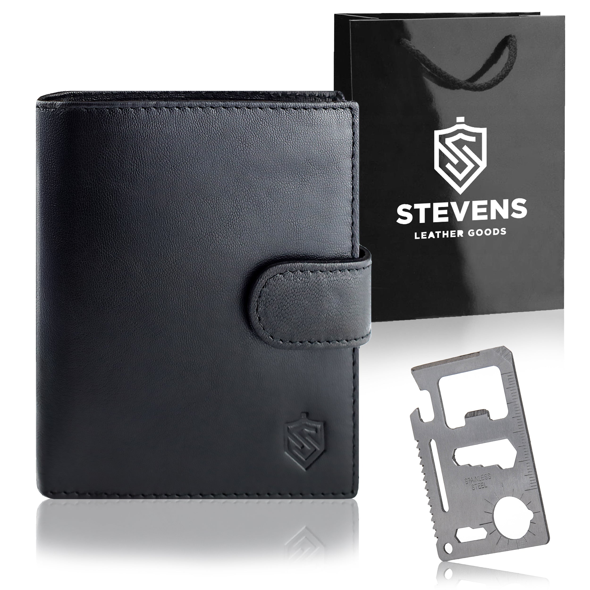 Dovanų komplektas vyrui – STEVENS odinė piniginė su RFID apsauga, išgyvenimo kortelė ir dovanų maišelis 326A