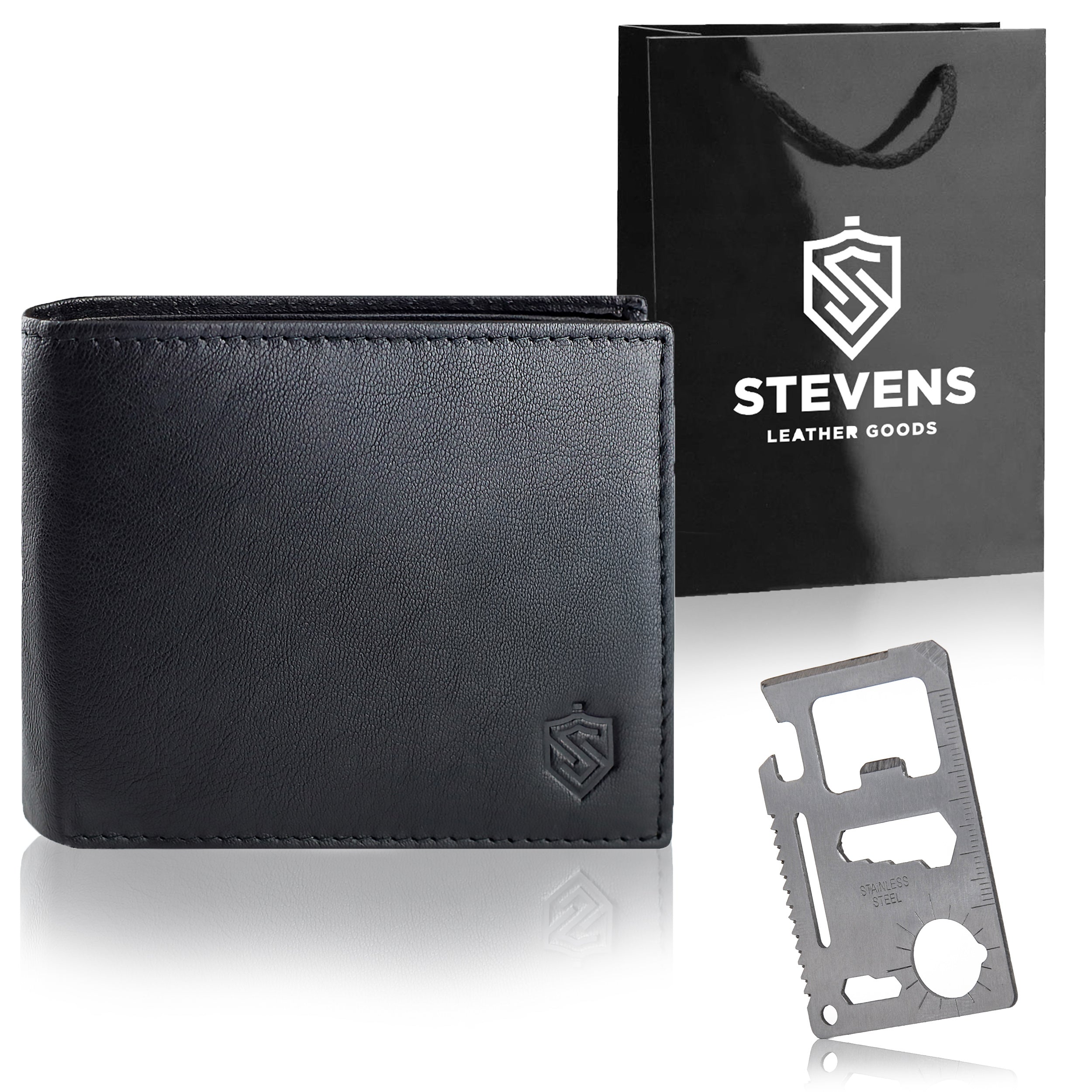 Dovanų komplektas vyrui – STEVENS odinė piniginė su RFID apsauga, išgyvenimo kortelė ir dovanų maišelis 8824