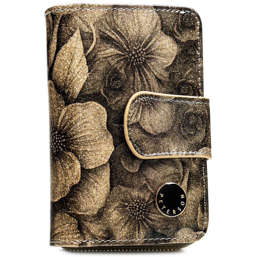 Moteriška vertikali auksinės spalvos piniginė „Peterson“ iš natūralios ir ekologiškos odos, užsegama užtrauktuku ir spaude ST74