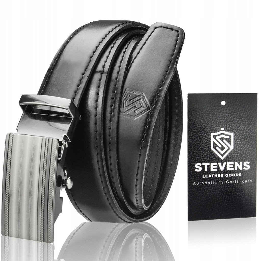Vyriškas odinis diržas Stevens su automatine sagtimi, juodas D36