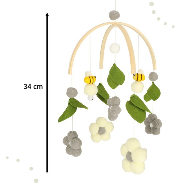 Medinė lovytės karuselė su pliušinėmis pakabukais - bitės ir gėlės