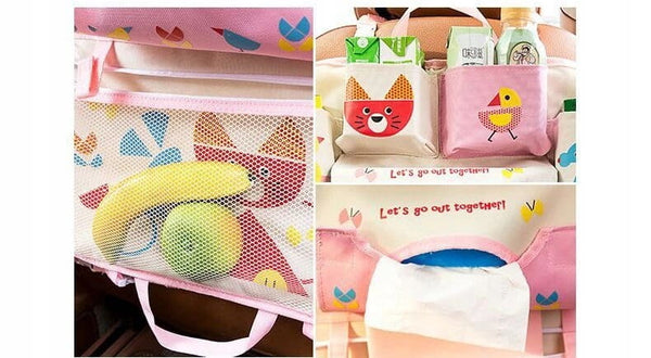 Automobilio sėdynės organizatorius, planšetė, puodelis, servetėlės, pienas, vaikai