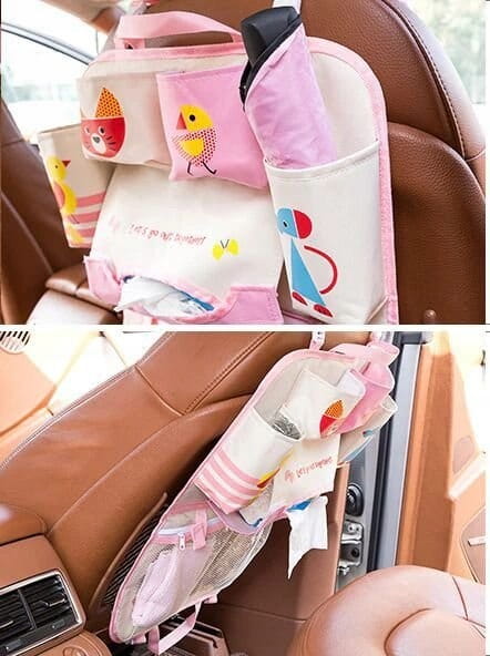 Automobilio sėdynės organizatorius, planšetė, puodelis, servetėlės, pienas, vaikai