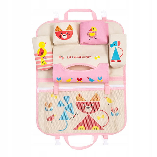 Automobilio sėdynės organizatorius, planšetė, puodelis, servetėlės, pienas, vaikai