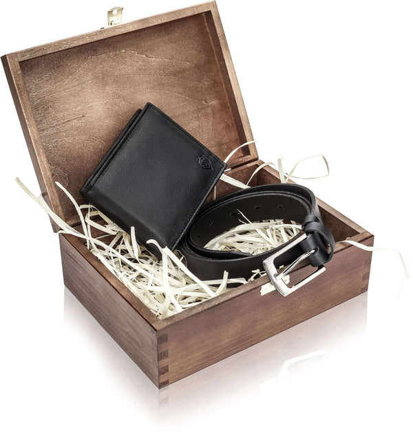 Dovanų rinkinys vyrams, piniginė su diržu Stevens 325, medinėje dėžutėje D151