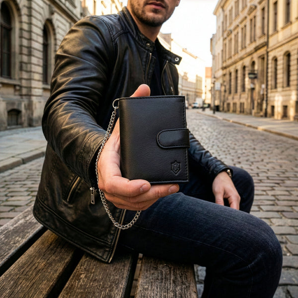 Juoda vyriška piniginė STEVENS su grandine S1083