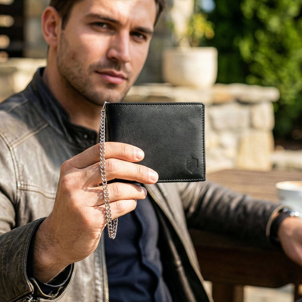 Juoda vyriška piniginė STEVENS su grandine S1084