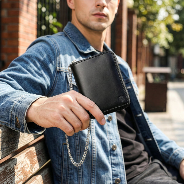 Vyriška odinė piniginė su užtrauktuku ir grandinėle Stevens S160