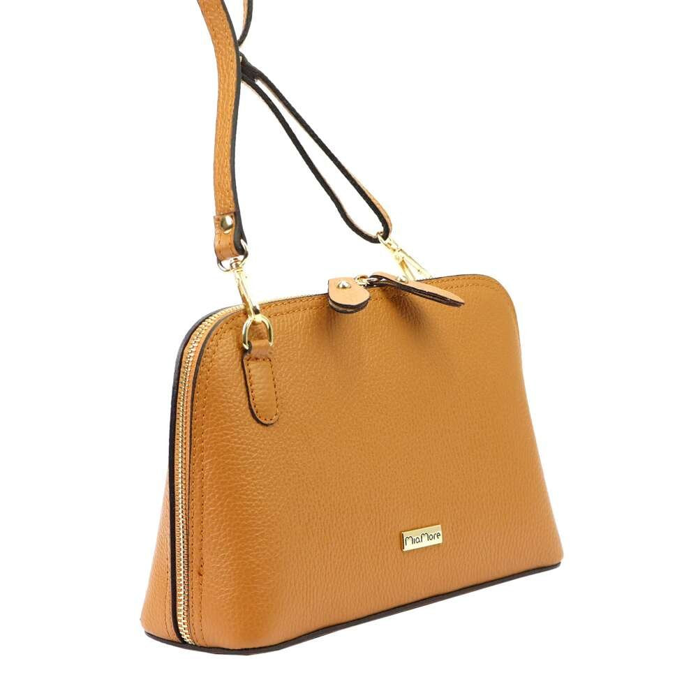 Moteriška odinė rankinė MiaMore 01-043, camel, su auksinės spalvos detalėmis