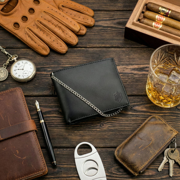 Juoda vyriška piniginė STEVENS su grandine S1084