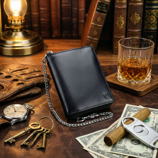 Vyriška odinė piniginė su užtrauktuku ir grandinėle Stevens S160