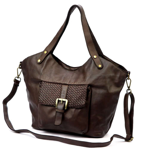 Moteriška odinė shopper tipo rankinė VS016, tamsiai ruda, talpina A4