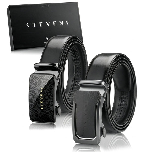 Vyriškas odinis automatinis diržas STEVENS, juodas, 2 viename rinkinys D39737