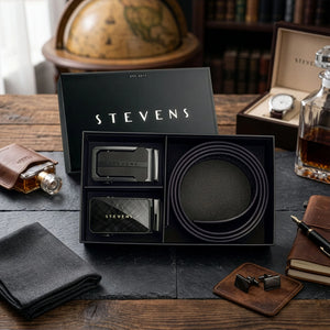 Vyriškas odinis automatinis diržas STEVENS, juodas, 2 viename rinkinys D39737