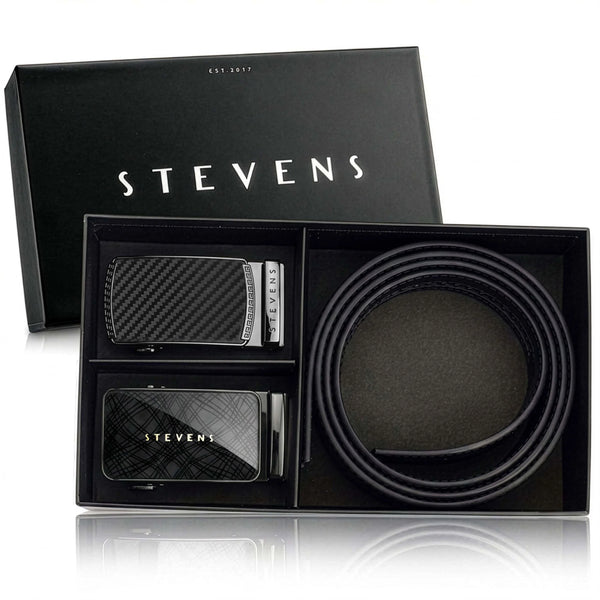 Vyriškas odinis automatinis diržas STEVENS, juodas, dovanų rinkinys 2 viename D39750