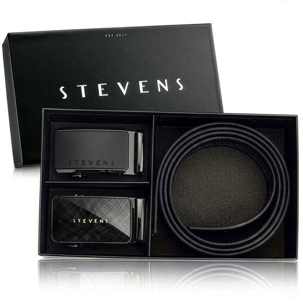 Vyriškas odinis automatinis diržas STEVENS, juodas, dovanų rinkinys D39751
