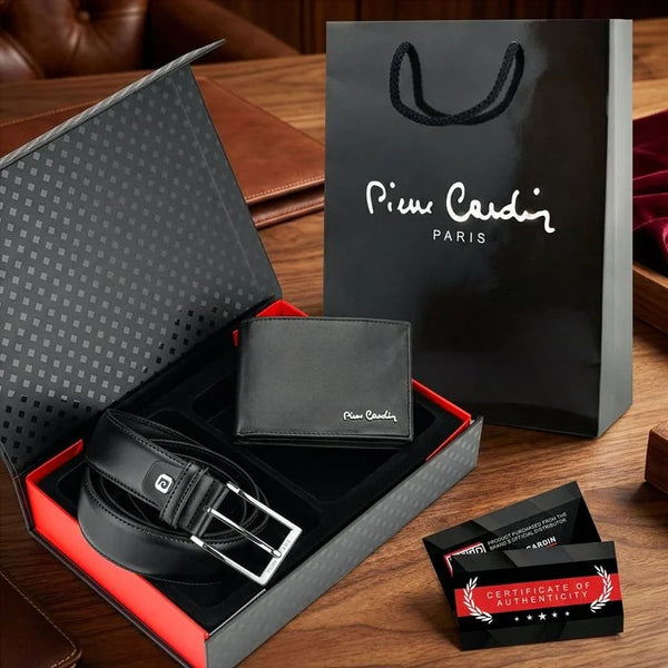 Vyriška piniginė ir diržas Pierre Cardin dėžutėje, juoda, natūrali oda N7