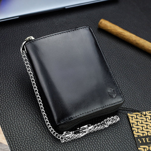 Vyriška odinė piniginė su užtrauktuku ir grandinėle Stevens S160