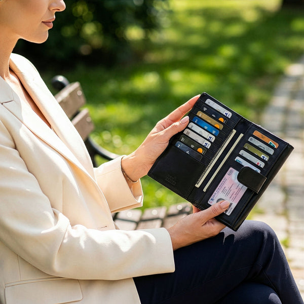 Moteriška odinė piniginė Stevens, juoda, RFID 210-R