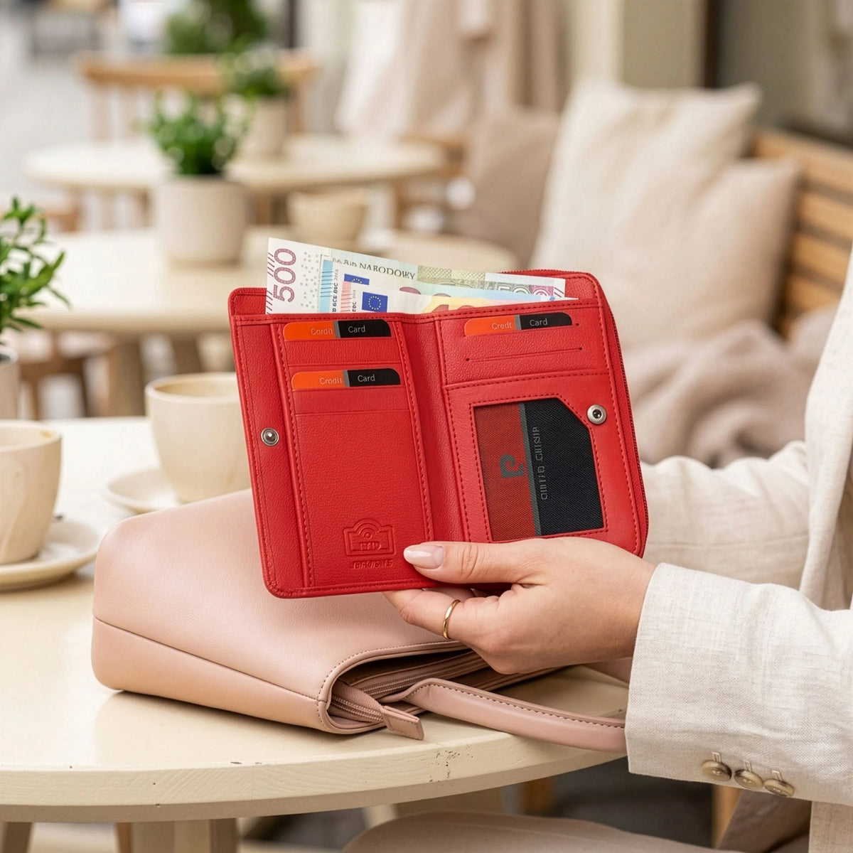 Talpi moteriška odinė piniginė su RFID Pierre Cardin, raudona D40325