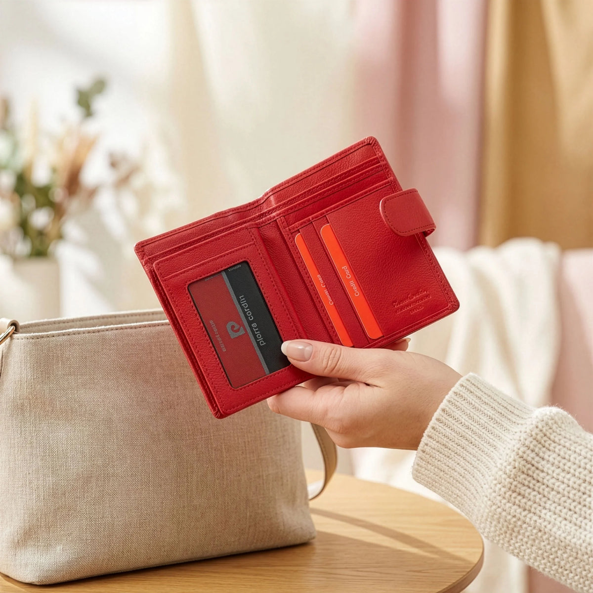 Moteriška odinė piniginė su RFID apsauga Pierre Cardin, raudona D40327