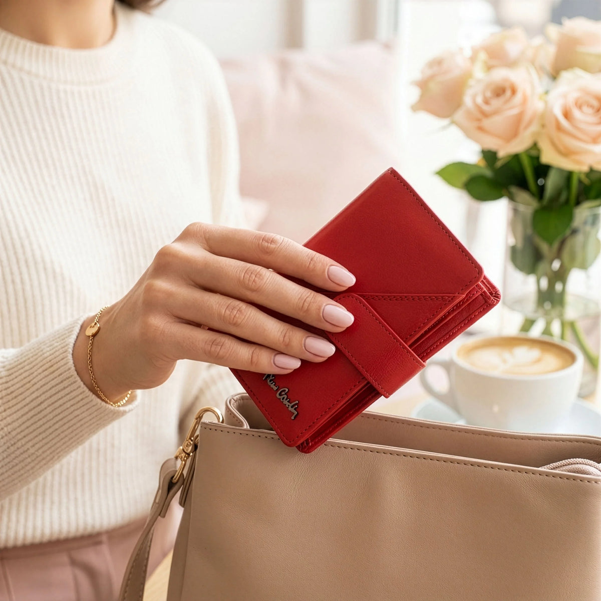Moteriška odinė piniginė su RFID apsauga Pierre Cardin, raudona D40327