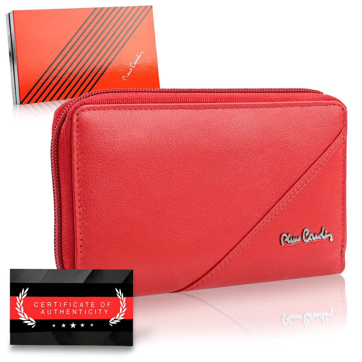 Moteriška odinė RFID piniginė Pierre Cardin, raudona, su užtrauktuku D40328